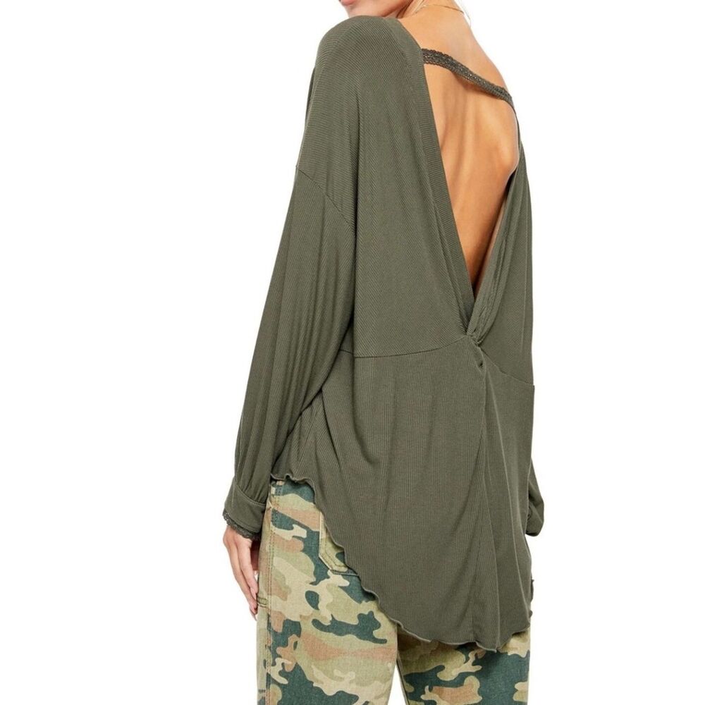 Free People Shimmy Shake Tunic Top Army Green Ribbed Open Back Boho